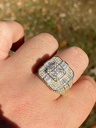 Harlembling Real Solid 925 Sterling Silver Men's Ring - 14K Yellow Gold Finish - Large Square Iced Baguette Diamond Ring - Great As A Pinky Ring (9) #TOP3