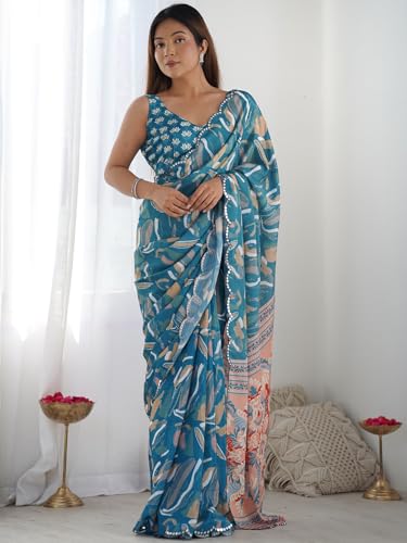 Image of Panzora Women's Chinon Printed Saree With Unstitched Blouse Piece