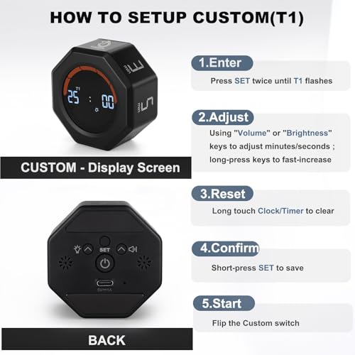 Image of Small Productivity Timer - Pomodoro Timer with 3 /5 /10 /25 /60 Min Presets & Custom Countdown | Magnetic Rechargeable Digital Clock for Desk, Study and Games (Black)