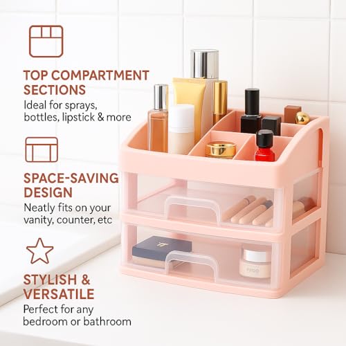 Image of JIALTO Makeup Storage Box and Organiser with 2 Layer Drawers & Top Compartment - Plastic Cosmetic Storage Box for Vanity, Skincare, Perfume, Brushes Lipsticks & More - Desktop Organizer (Pink)