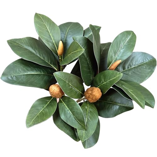 Artificial Magnolia Leaves Plant, Fake Branches 18.5 Inch 3D Plastic Leaf Greenery Bushes Faux Simulation Shrubs Stems Twigs for Home Garden Decor Vase Office Wedding Party DIY Decoration Green 2 Pack