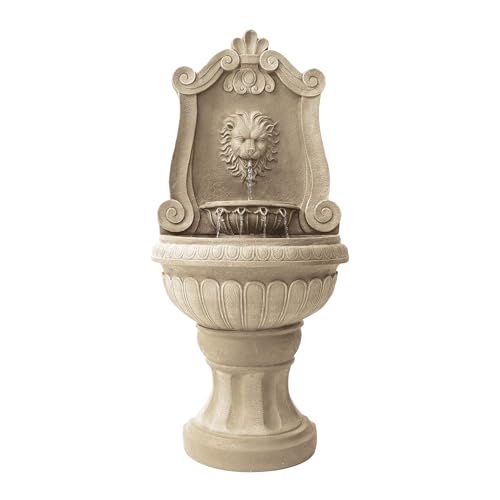 Xbrand 52.4" Sandstone Lion Head Floor Fountain, Two-Tier Outdoor Water Feature, Durable Resin Construction
