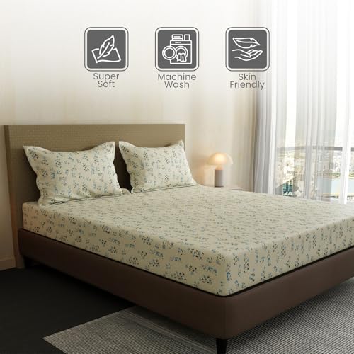 Image of Layers 100% Cotton Bedsheet for Double Size Bed | Lumina Floret Collection | 144 TC Soft & Breathable | Floral Print with 2 Pillow Covers | Wrinkle Free & Colorfast | 3 Pc Bedding Set - Cream & Blue