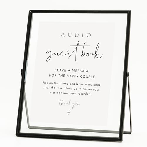 Image of Calculs Audio Guest Book Sign, Black 8x10 Floating Picture Frame | Double glass metal frame, fits 6x8 insert, audio guest book table, reusable tabletop frame for signs and photos