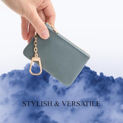 Image of Full Grain Leather Coin Purse with Key Chain - Small Change Purse Keychain Card Holder Keychain Pouch Small Keychain Wallet for Women and Men (Powder Blue)