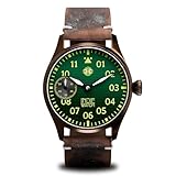 Indie Watch Swell, orologio aviatore, cassa in bronzo 42 mm, quadrante guilloche verde, vetro zaffiro antiriflesso, cinturino in pelle fatto a mano, meccanico corda manuale, 50 m impermeabile