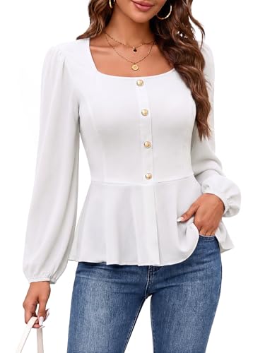 Image of Fynadressr Women's Long Sleeve Blouse Ruffle Peplum Top with Gold Buttons High Waist Elegant Business Casual Vintage Square Neck Shirt for Work & Date White XL