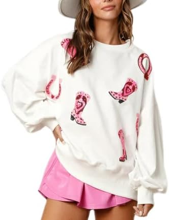 LILTWIST Cute Heart Graphic Sweatshirts Holiday Love Sweater Shirts for Women Sequin Cowboy Boots Long Sleeve Tops with Heart