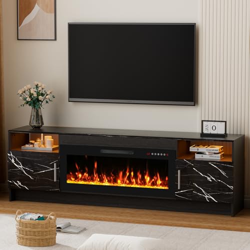 Kucreiheat Fireplace TV Stand for 65-80 inch TV, Large Entertainment Center with Fireplace & LED Lights,High Gloss Living Room Storage Cabinet, Marble Black, 70''(Crystal)