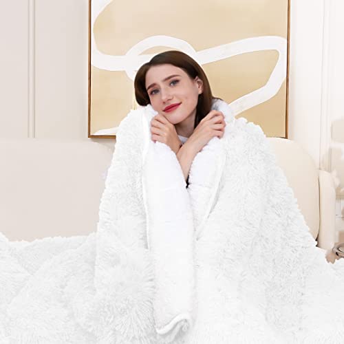 Yescool Faux Fur Weighted Blanket 60"X80" 15Lbs,Fuzzy Cozy Shaggy Weighted Blanket Queen Size For Adult，Fluffy Sherpa Comfy Heavy Blanket For Women Men,Warm Soft Plush White Blanket For Couch Sofa Bed #TOP1