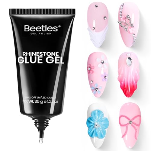Gelab Cosmetics LLC Beetles Gel Polish Nail Glue with Nail Gems Set, 15ml Nail Rhinestone Glue &120+2000Pcs Crystal Glass AB Rhinestones For Nails art, Nail Gems with Double-Ended Clean Up Nail Brush Gifts for Girls