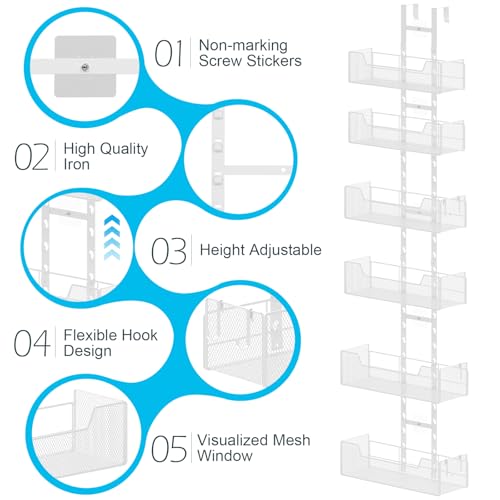 Hongtamoya Adjustable Over The Door Organizer, Metal Hanging Door Organizer with 6 Baskets and 5 Hooks, Behind The Door Storage for Closet Pantry Cabinet Kitchen Bathroom, White by Hongtamoya - Image 5