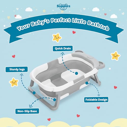 Image of Amazon Brand - Supples Baby Bath Tub for 0-3 Years | Double Foldable Bathtub for Baby & Kids with Soap Tray, Space Saving Design (White & Grey)