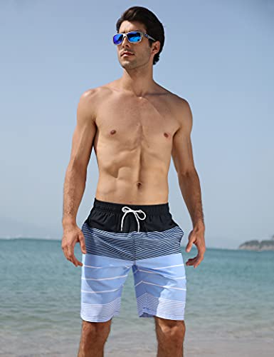 Mens Swim Trunks With Pockets Swim Shorts Quick Dry 4-Way Stretch Material Mesh Lining Water Repellent Beach Swimwear(117)-Xl Blue Stripe #TOP2