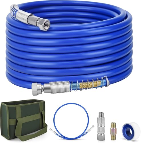 50Ft x 1/4' Airless Paint Sprayer Hose with Brass-Wire Braid, High Pressure Hose Kit with 5Ft Whip Hose, 1/4' Hose Connector, Swivel Joint, PTFE Tape & Carrying Bag for Airless Spraying Machine