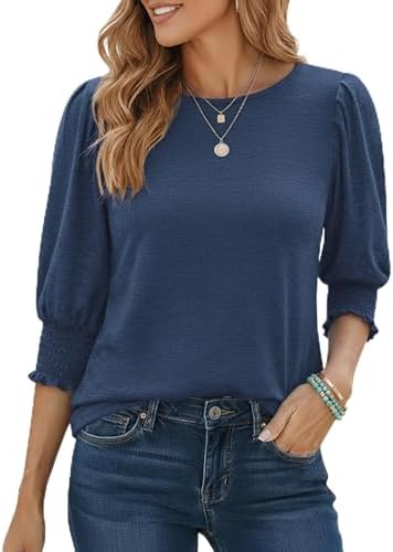 Aottori Tshirt Damen Rundhals 3/4 Ärmel Shirt Elegant Basic Oberteile | Langarmshirt, Stretch, Top, Dünn Pullover, Einfarbig, Sommer, Geraffte Bündchen, Lockere Passform, Alltag