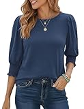 Aottori Maglia Donna Maniche 3/4 Sbuffo Magliatta Elegante Scollo Rotondo Tee Shirt Elasticizzato Estiva T Shirt Leggera Sexy Top Basic Casual Larga Blu Marino M