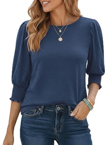 Image of Aottori Womens Puff Sleeve Tops 3/4 Sleeve Crew Neck T Shirt Navy Blue XXL