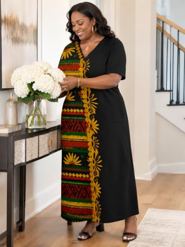 Image of Plus Size Maxi Dress for Women Short Sleeve V Neck Casual Loose Sundress with Pockets