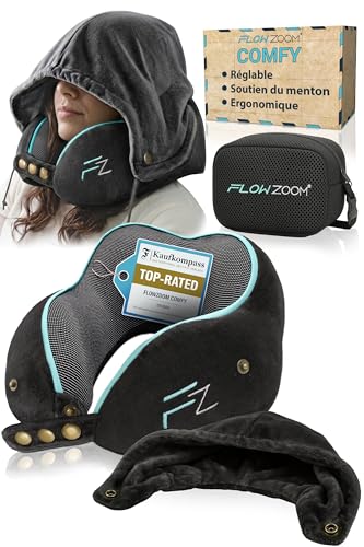FLOWZOOM Comfy Coussin de Voyage à Capuche en Mousse à Mémoire de Forme pour Avion et Voiture – Oreiller pour Avion Réglable, Soutien à 360°, Housse en...