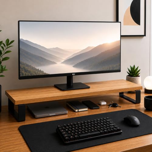 Suporte para Monitor Norce 80x22 cm em MDF Freijó com Estrutura Metálica, Stand Organizador para Setup Gamer e Home Office