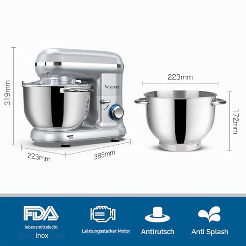 Foto von Vospeed Küchenmaschine 6.2L, Elektrischer Standmixer mit 6 Geschwindigkeiten, Knetmaschine zum Backen mit Edelstahlschüssel, Inklusive Rührbesen, Knethaken, Schneebesen & Eiertrenner (Silber)