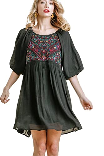 Umgee Usa Women's Floral Embroidered Keyhole Balloon Sleeve Dress (As1, Alpha, S, Regular, Regular, Black, Small) #TOP29