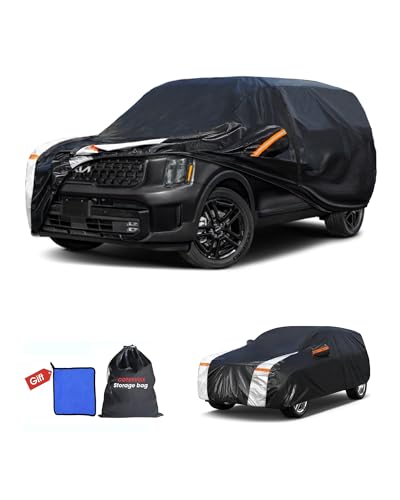 Image of Multi-Layer Car Cover Custom Fit for Kia Telluride(2016-2026), 100% Waterproof All Weather for Automobiles, Gift with Towel, Heavy Duty Car Covers for Rain Sun UV Protection with Door Zipper