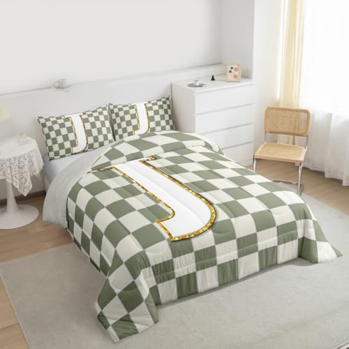 Image of Erosebridal Sage Green Checkered Kids Comforter Sets Plaid Initial J Full Bedding Set for Adults Personalized Monogram Comforter Set,Fashion Grids Gingham Quilt Duvet 3 Pcs