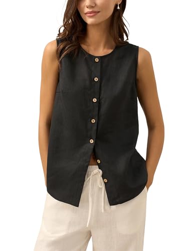 Tanming Womens Cotton Linen Suit Vest Summer Casual Sleeveless Button Down Tank Tops Fashion Work Waistcoat(Black-S)