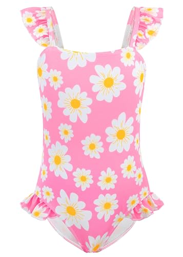 DAXIANG One Piece Girls Swimsuits Hawaii Floral Ruffle Sleeve Swimwear Beach Bathing Suit Pink Floral 8 Years 9 Years Size 8-9