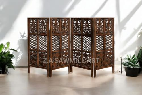 Image of Wooden Partition for Living Room, Privacy Divider, Room Separator, Office Divider, Puja Partition (Mix Frame Design - Brown, 4 Feet - 4 Panels)