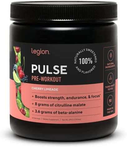LEGION Pulse Pre Workout Supplement - All Natural Nitric Oxide Preworkout Drink to Boost Energy, Creatine Free, Naturally Sweetened, Beta Alanine, Citrulline, Alpha GPC (Cherry Limeade)