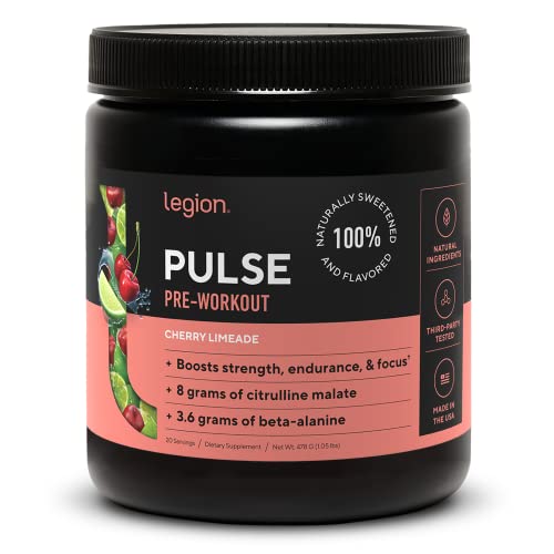 Legion Pulse Pre Workout Supplement - All Natural Nitric Oxide Preworkout Drink To Boost Energy, Creatine Free, Naturally Sweetened, Beta Alanine, Citrulline, Alpha Gpc (Cherry Limeade) #TOP2