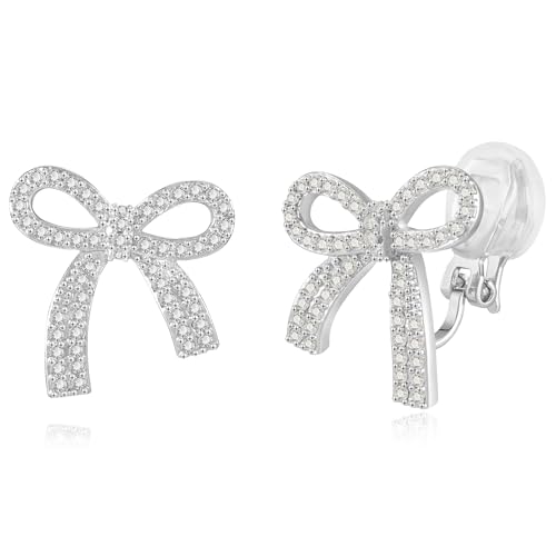 XGALBLA Silver/Gold tone Bow Clip on Earrings for Women Trendy Sparkly Cubic Zirconia Bow Clip on Earrings Prom Wedding Party Dress Jewerly Stocking Stuffers for Women Christmas Gifts