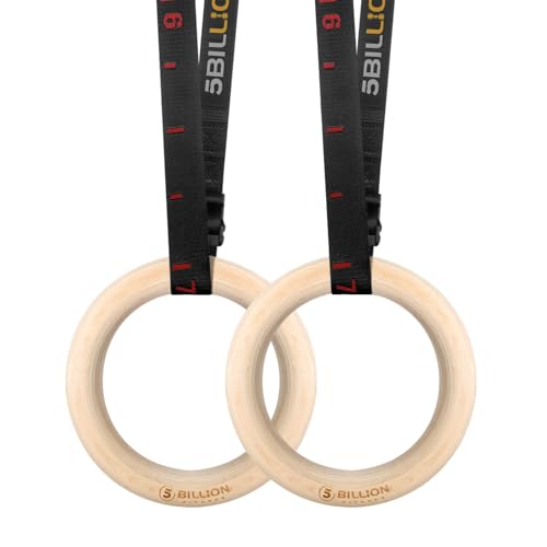 5BILLION Turnringe Holz Gymnastikringe Ringe Turnen für Fitness mit Hochfeste Nylon Gurtbänder mit Schnellschnallverschlüßen aus Metall verstellbaren-28mm