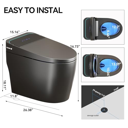 Inodoro inteligente con rociador de agua caliente y secadora, asiento calefaccionado con bidé, 4 modos inteligentes de descarga y asiento con apertura/cierre automático, operación con sensor de pie y pantalla LED Fahrenheit (Gris) miniatura 2