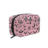 Neceser de maquillaje negro gótico lunar telarañas y murciélagos neceser de almacenamiento de viaje organizador de maquillaje con compartimentos bolsa de belleza para adolescentes, niñas, mujeres y