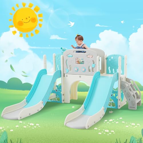 Merax Undersea Adventure Toddler Slide, 8-in-1 Kids Indoor Outdoor Playset with Double Slides, Basketball Hoop & Telescope, Outdoor Indoor Playground Slide for Toddlers 1-3 - Thumbnail 5