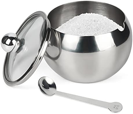 ASIKA Sugar Bowl, Stainless Steel Sugar Pot with Clear Lid and Spoon, Drum Shape Small Condiment Container for Home and Kitchen, 8.1 Ounces(240 Milliliter)