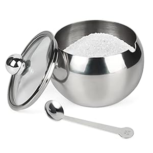 ASIKA Sugar Bowl, Stainless Steel Sugar Pot with Clear Lid and Spoon, Drum Shape Small Condiment Container for Home and Kitchen, 8.1 Ounces(240 Milliliter)