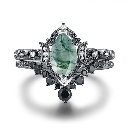 Black Gold Plated Natural Moss Agate Bridal Wedding Ring Sets for Women, 925 Sterling Silver Gothic Vintage Promise Rings and Eternity Black Spinel Band for Her - Boho Art Deco Platinum Plated Engagement Rings Size 4-9