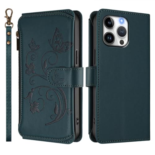 Étui portefeuille iPhone 16 Pro Max rabat cuir vert foncé