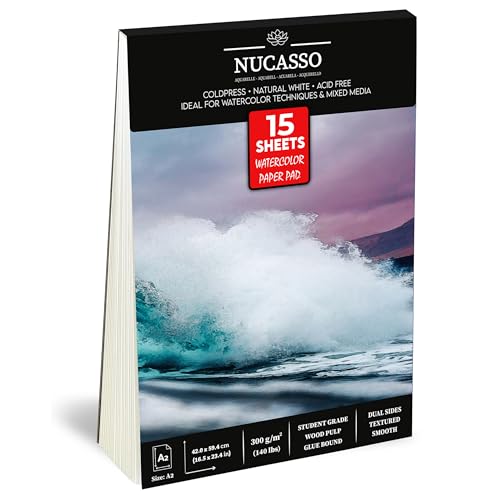 NUCASSO Watercolour Paper Pad A2 x 15 Sheets – Natural White 300 GSM Student Grade, Cold-Pressed, Glue Bound Water Colour Sketchbook for Wet, Dry & Mixed Media