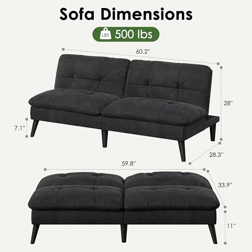 Vongrasig Futon Sofa Bed Velvet Futon Couch with Adjustable Backrest, Small Convertible Folding Sleeper Sofa Bed, Modern Loveseat for Living Room, Bedroom and Small Space, Black