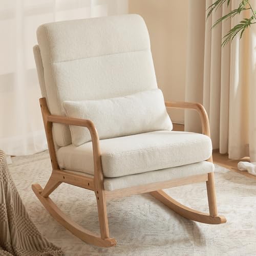 Image of Karl home Nursery Rocking Chair Removable Glider Rocker High Backrest Rocking Armchair Mid-Century Accent Chair with Lumber Pillow for Bedroom, Living Room, Nursery, Creamy-White