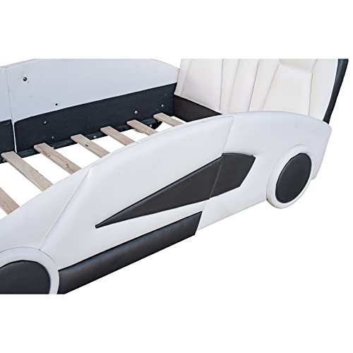 Harper & Bright Designs Twin Size Race Car-Shaped Platform Bed with Wheels, White