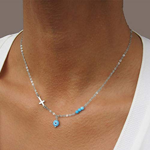 TseenYi – Collier ras du cou avec pendentif en forme de croix, mauvais œil turquoise, chaîne réglable, bijou de protection religieuse pour femmes et filles (argent)