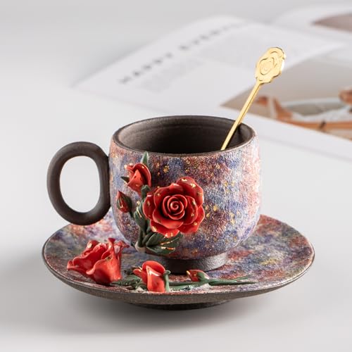 Pure Handmade Ceramic Cup and Saucer Set Artisanal Craftsmanship Collectable Tea cups and Saucers 6oz (Rose-B)