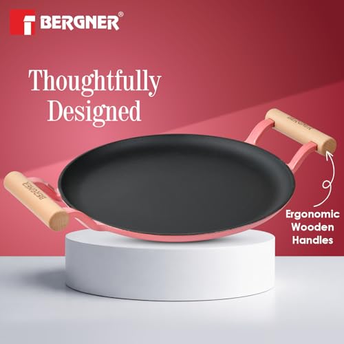 Image of BERGNER Excalibur Lightweight Cast Iron Dosa Tawa 30cm, Double Sided Sturdy Handle, Non-Stick Coating, PFAS Free, Perfect Heat Distribution, Elegant Design - Induction Compatible (Pink)
